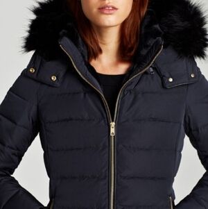 ZARA Black Quilted Puffer Jacket Faux Fur Hood Size Small